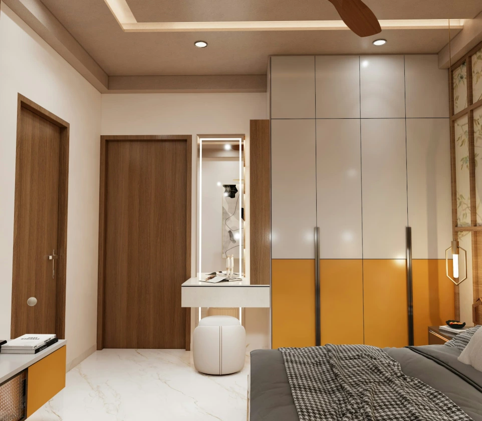 A bedroom with a ceiling fan and a bed