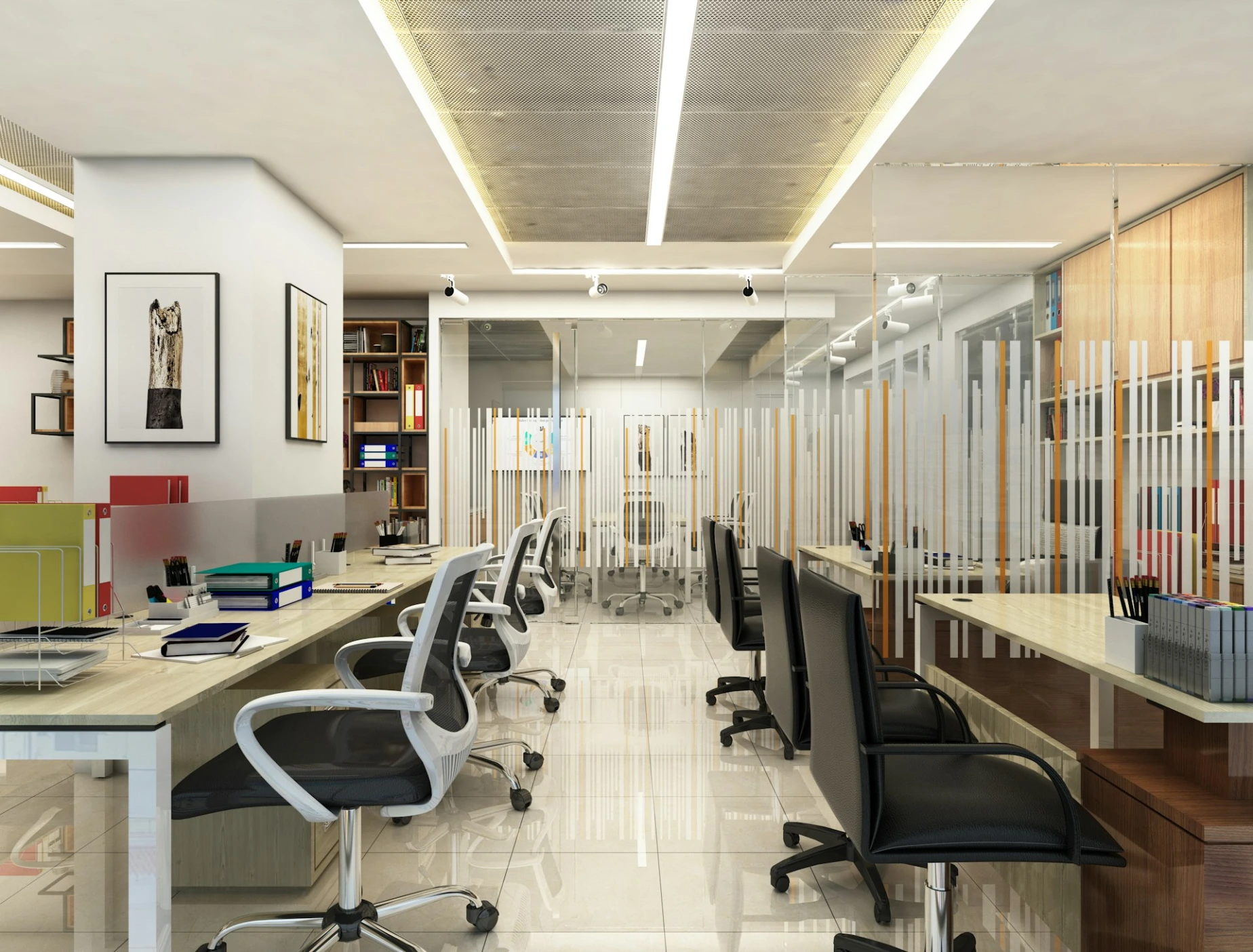 Modern office interior with desks and chairs.